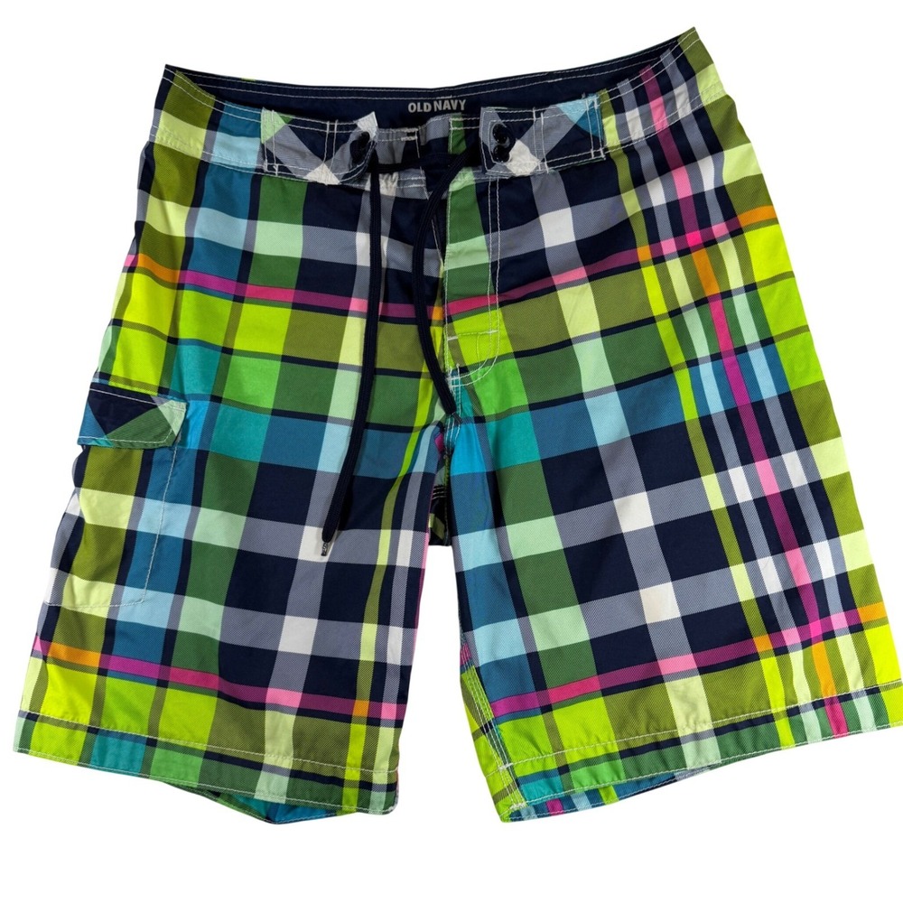 Old Navy Mens Plaid Board Shorts Multicolor Swim Trunks Cargo Pocket Size Medium